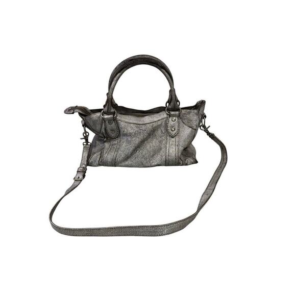 Frye Melissa Satchel/Crossbody Bag Distressed Leather Metallic Gray MSRP $388